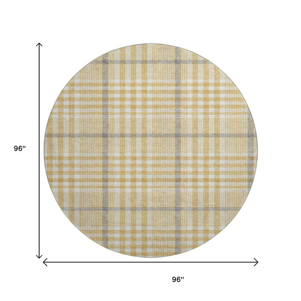8' Gold Ivory And Gray Plaid Washable Round Rug With UV Protection