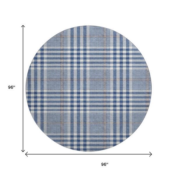 8' Navy Blue Ivory And Gray Plaid Washable Round Rug With UV Protection