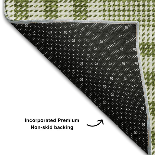 5' X 8' Olive Green Ivory And Gold Plaid Washable Area Rug With UV Protection