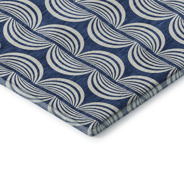 3' X 5' Navy Blue And Ivory Ogee Washable Area Rug With UV Protection