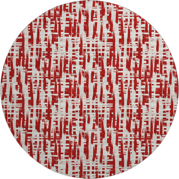 8' Red Beige And Ivory Abstract Geometric Washable Round Rug With UV Protection