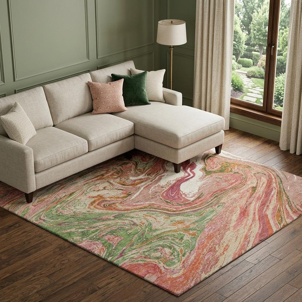 10' X 14' Coral Green And Peach Abstract Washable Area Rug With UV Protection