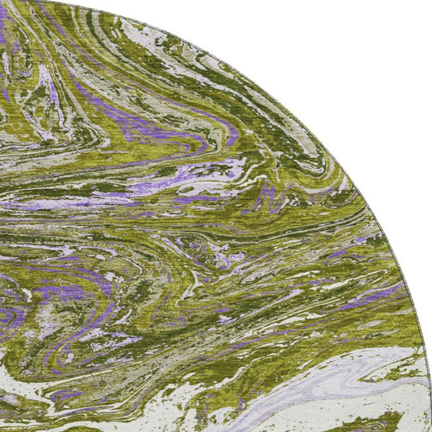 8' Olive Green Purple And Ivory Abstract Washable Round Rug With UV Protection