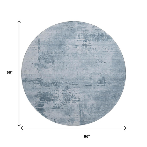 8' Denim Blue And Ivory Abstract Washable Round Rug With UV Protection