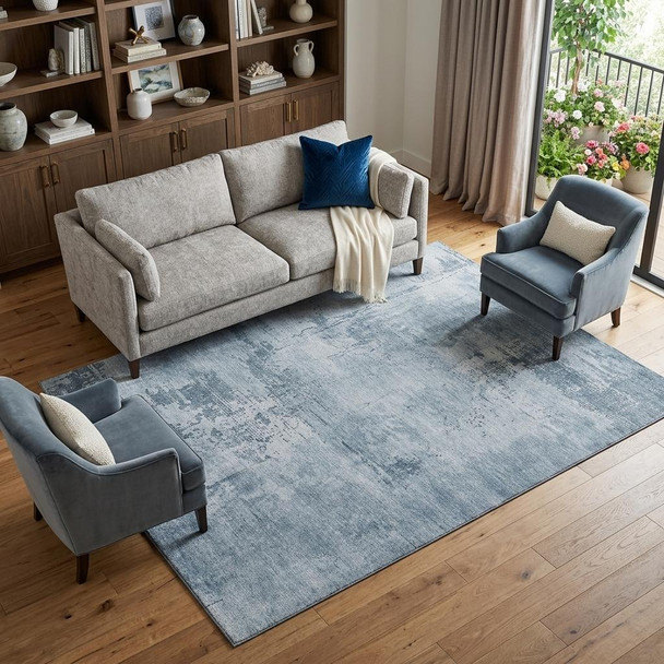 10' X 14' Denim Blue And Ivory Abstract Washable Area Rug With UV Protection