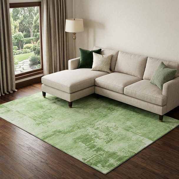 10' X 14' Green And Beige Abstract Washable Area Rug With UV Protection