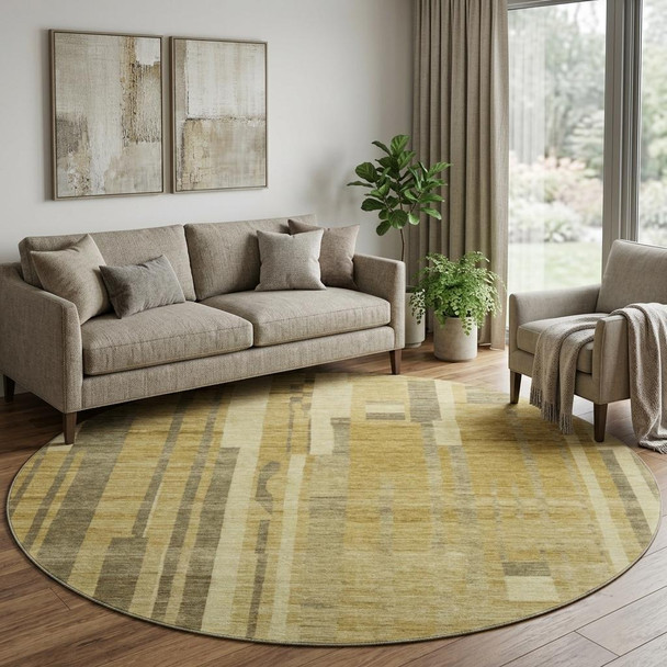 8' Gold And Brown Striped Washable Round Rug With UV Protection