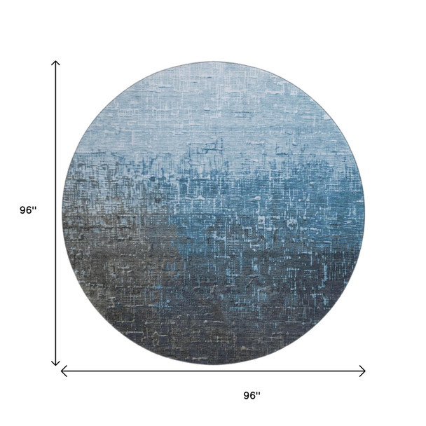 8' Blue Gray And Charcoal Ombre Washable Round Rug With UV Protection