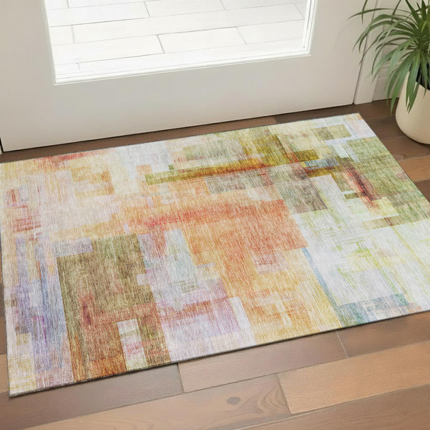 3' X 5' Coral Ivory And Gold Abstract Geometric Washable Area Rug With UV Protection