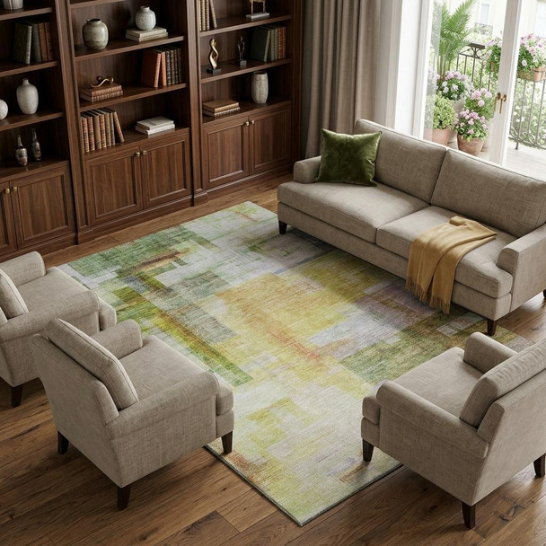 8' X 10' Green Ivory Gold And Purple Abstract Geometric Washable Area Rug With UV Protection