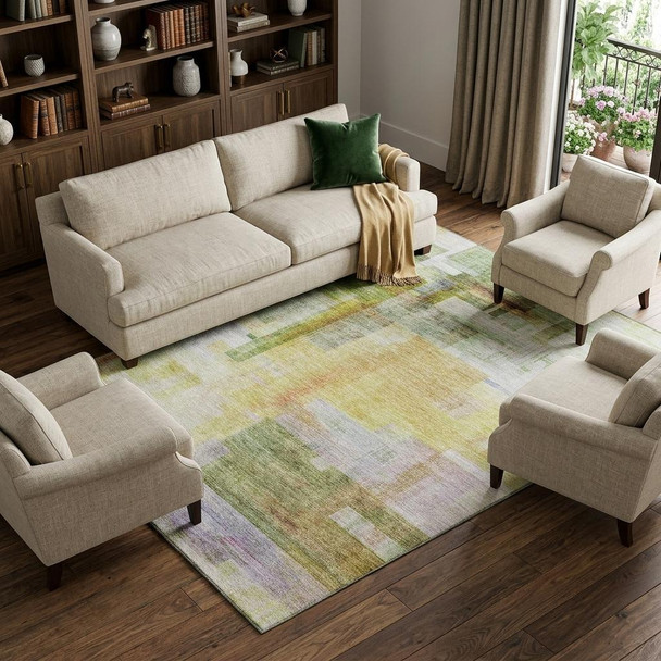 9' X 12' Green Ivory Gold And Purple Abstract Geometric Washable Area Rug With UV Protection