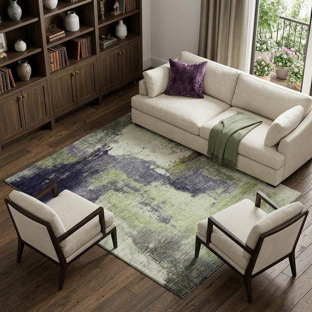 9' X 12' Fern Green Gray And Ivory Abstract Washable Area Rug With UV Protection