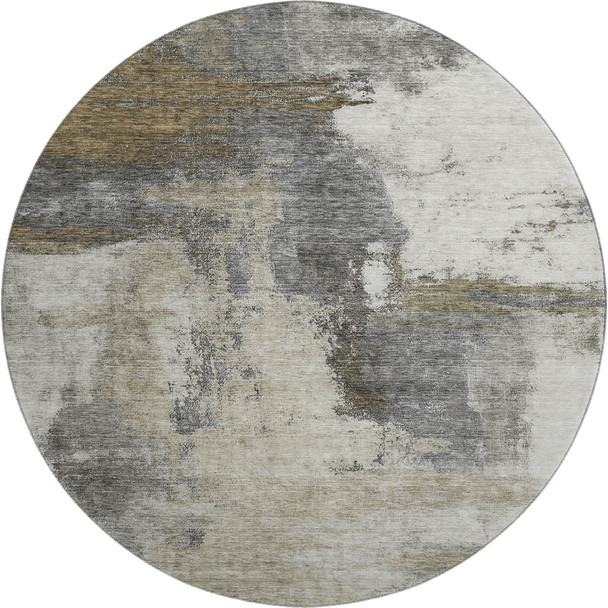 8' Gray Silver And Beige Abstract Washable Round Rug With UV Protection