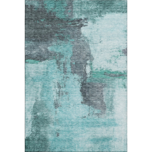 5' X 8' Teal Ivory And Charcoal Abstract Washable Area Rug With UV Protection