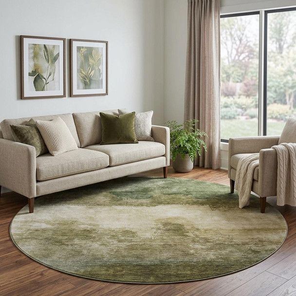 8' Fern Green And Beige Abstract Washable Round Rug With UV Protection