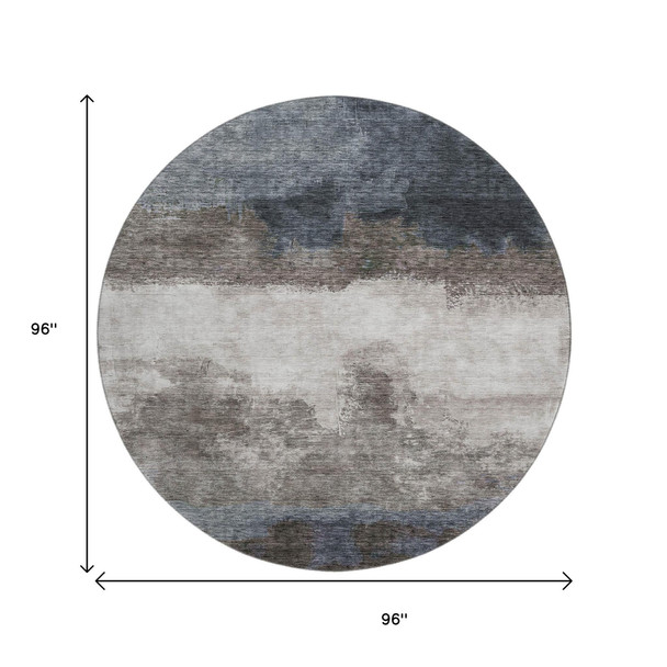 8' Gray And Silver Abstract Washable Round Rug With UV Protection