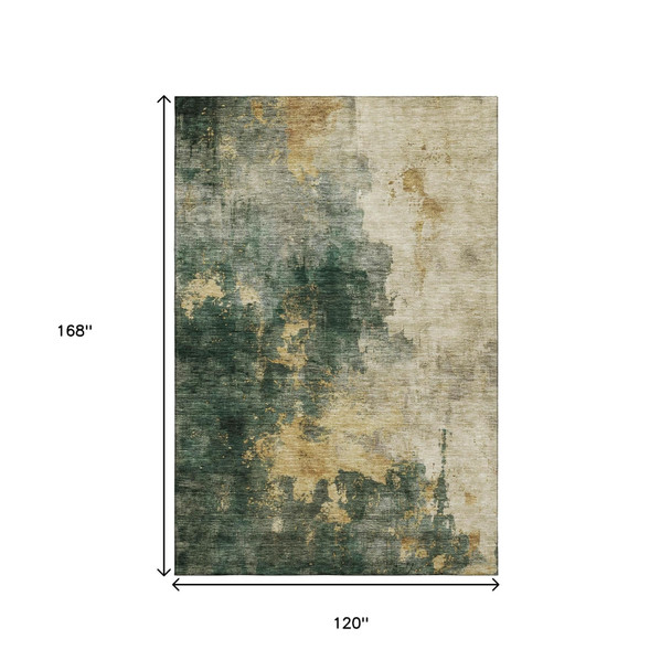 10' X 14' Fern Green Gold And Silver Abstract Washable Area Rug With UV Protection