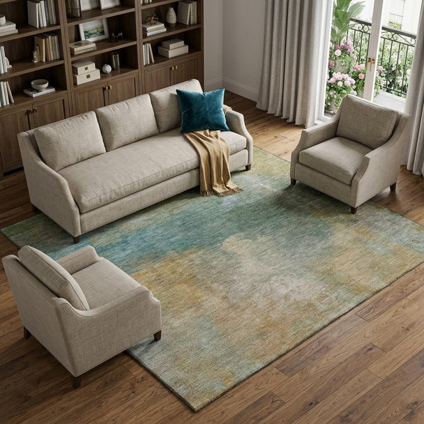 9' X 12' Artichoke Green Beige And Teal Abstract Washable Area Rug With UV Protection