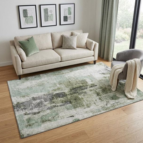 5' X 8' Mint Green Ivory And Gray Abstract Washable Area Rug With UV Protection