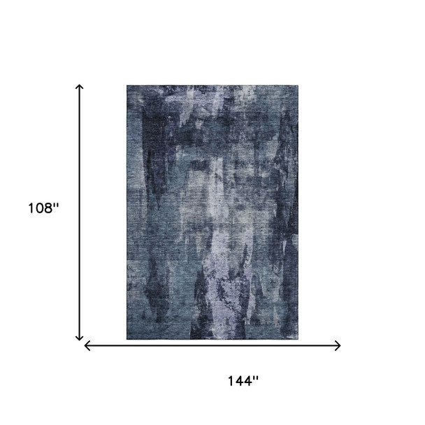 9' X 12' Navy Blue And Silver Abstract Washable Area Rug With UV Protection