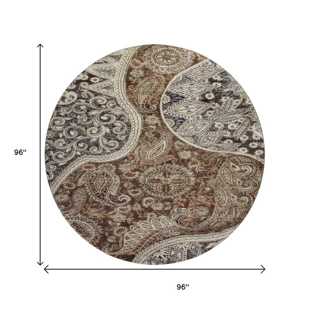 8' Brown Beige And Taupe Paisley Washable Round Rug With UV Protection