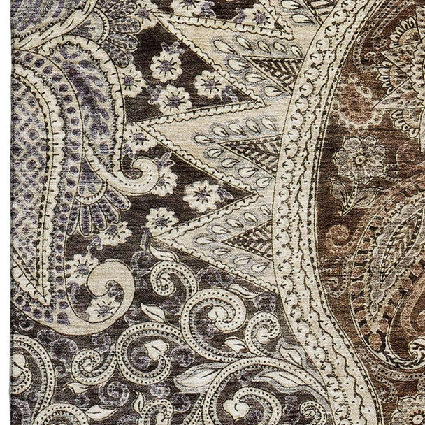 9' X 12' Brown Beige And Taupe Paisley Washable Area Rug With UV Protection