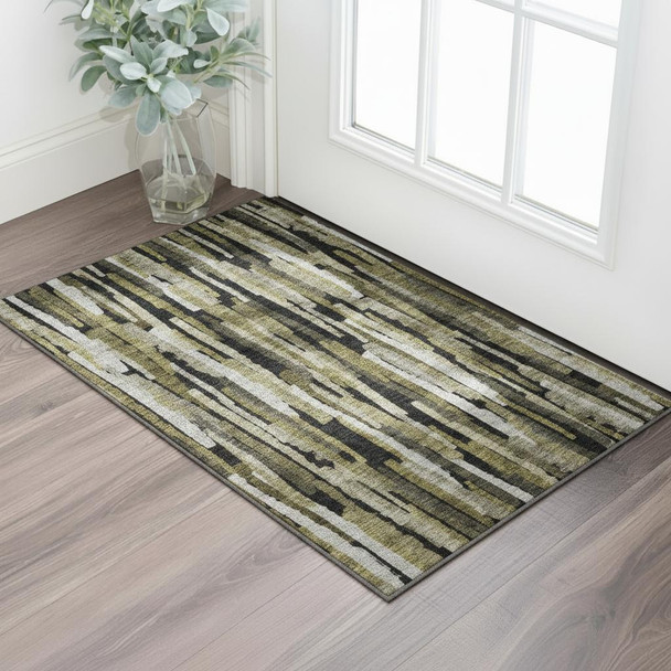 3' X 5' Brown Charcoal And Gray Striped Washable Area Rug With UV Protection