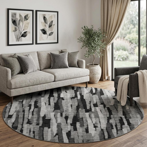 8' Gray And Silver Striped Washable Round Rug With UV Protection