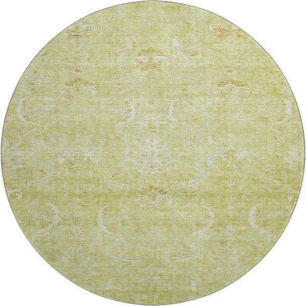 8' Artichoke Green And Ivory Damask Washable Round Rug With UV Protection