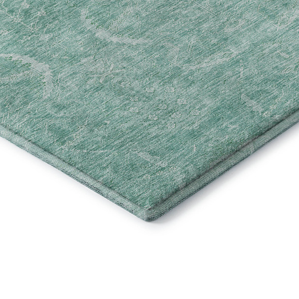 8' Aqua And Ivory Damask Washable Round Rug With UV Protection