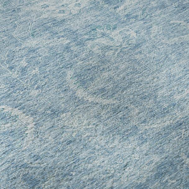 8' Sky Blue And Ivory Damask Washable Round Rug With UV Protection