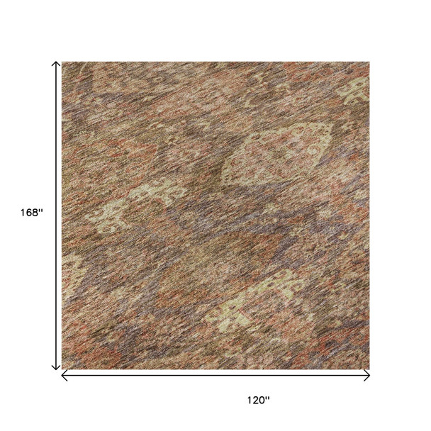10' X 14' Brown And Beige Damask Washable Area Rug With UV Protection
