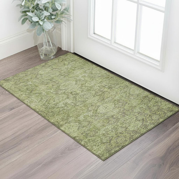 3' X 5' Green And Gray Damask Washable Area Rug With UV Protection