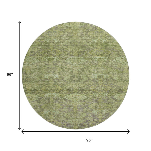 8' Green And Gray Damask Washable Round Rug With UV Protection