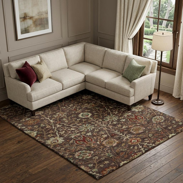 10' X 14' Chocolate Red And Copper Floral Washable Area Rug With UV Protection