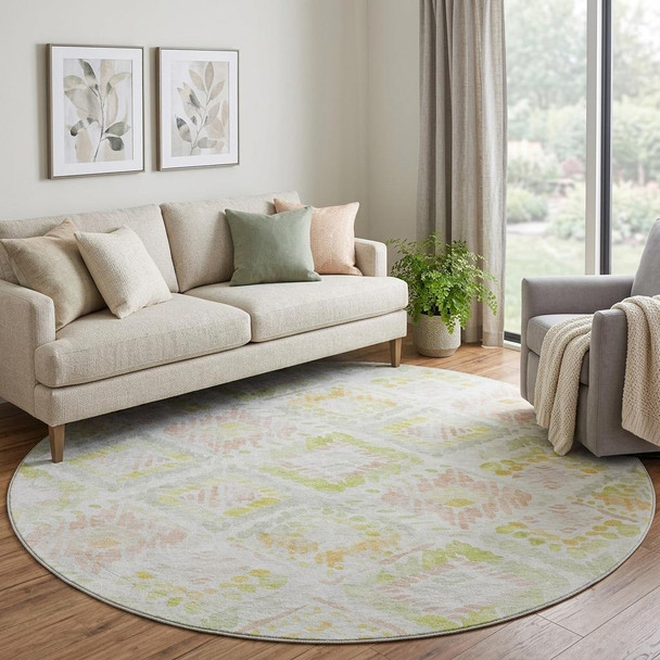 8' Pink Lime Green And Ivory Geometric Washable Round Rug With UV Protection