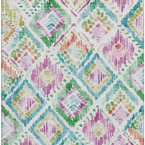 3' X 5' Teal Ivory Green And Purple Geometric Washable Area Rug With UV Protection