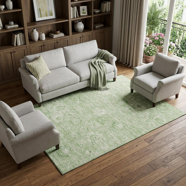 8' X 10' Artichoke Green And Ivory Damask Washable Area Rug With UV Protection