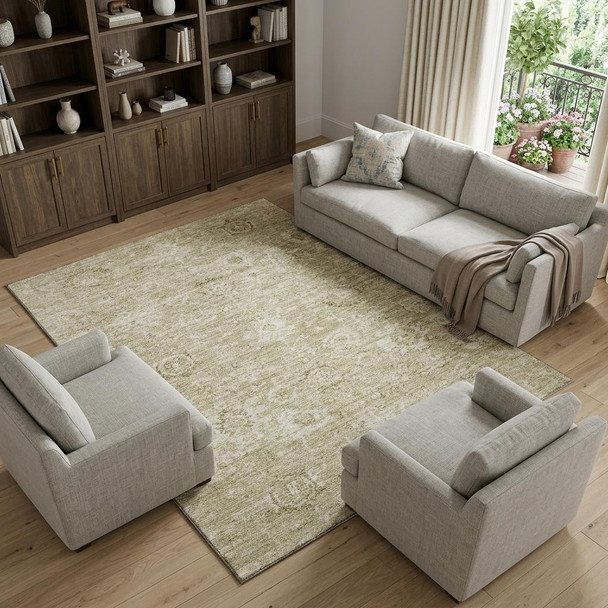 9' X 12' Beige And Brown Damask Washable Area Rug With UV Protection
