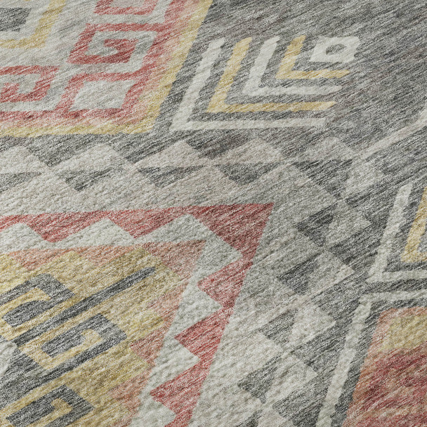 9' X 12' Gray Gold And Salmon Geometric Washable Area Rug With UV Protection