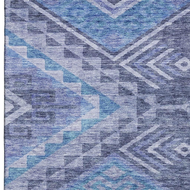 5' X 8' Navy Blue And Silver Geometric Washable Area Rug With UV Protection