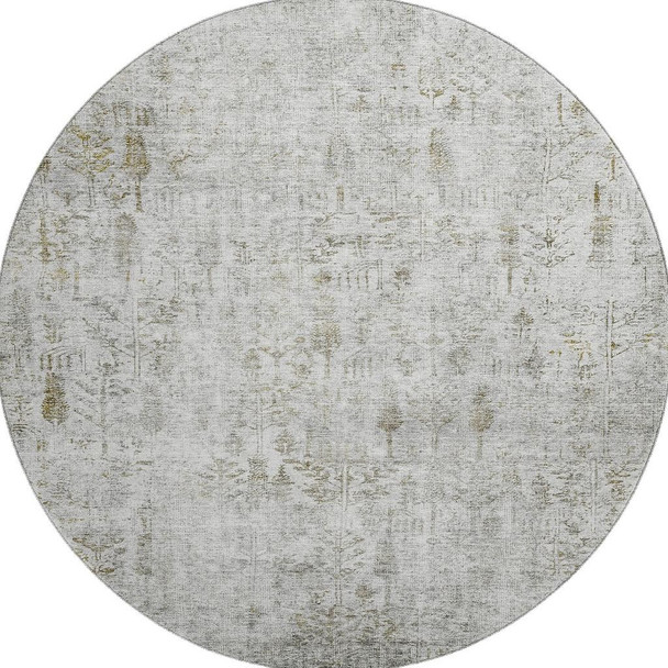 8' Silver Ivory And Beige Floral Washable Round Rug With UV Protection