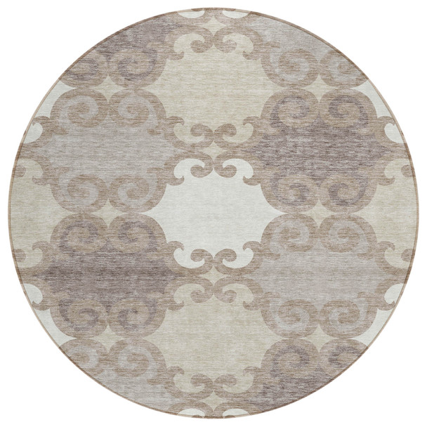 8' Taupe Beige And Gray Round Trellis Washable Indoor Outdoor Area Rug