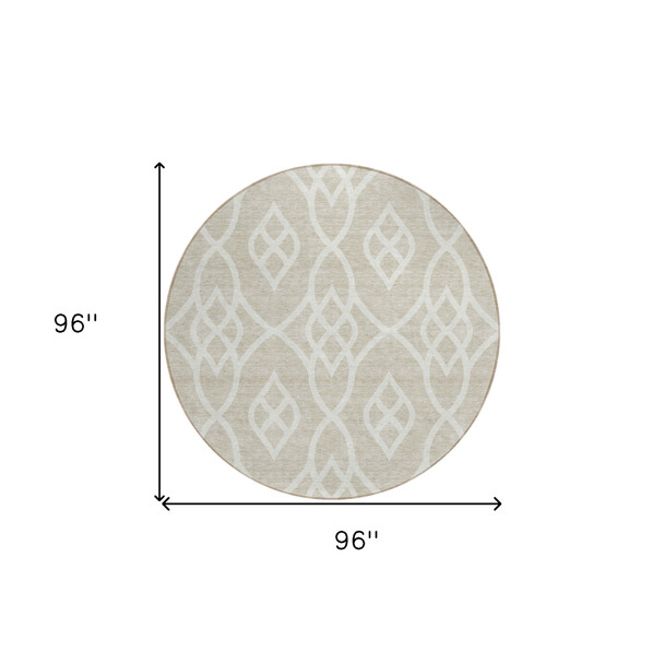 8' Beige And Ivory Round Trellis Washable Indoor Outdoor Area Rug