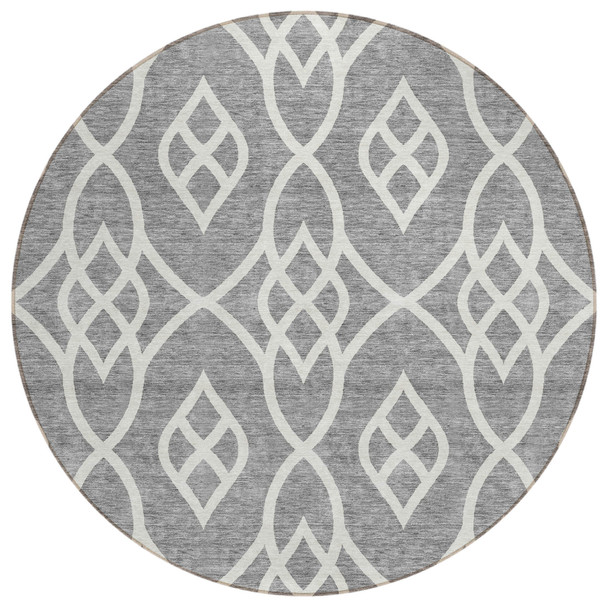 8' Gray And Ivory Round Trellis Washable Indoor Outdoor Area Rug