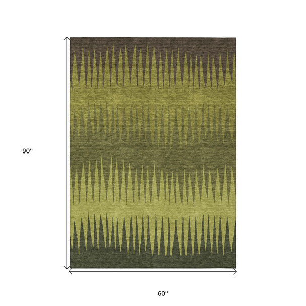 5' X 8' Olive Green Dark Green And Brown Striped Washable Indoor Outdoor Area Rug