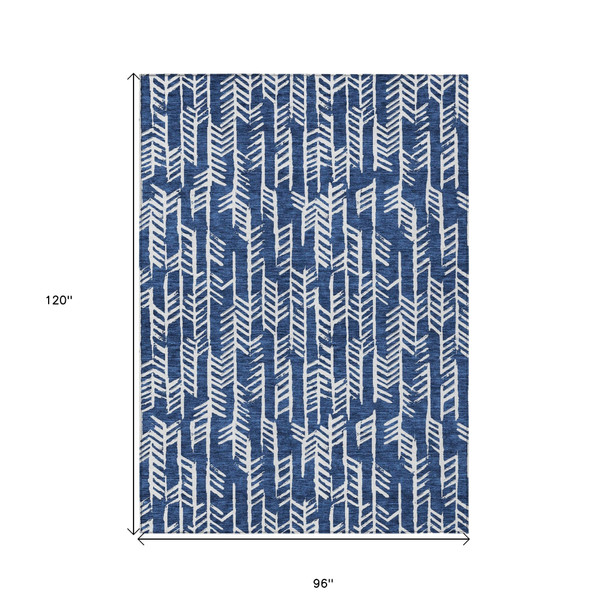 8' X 10' Navy Blue And Ivory Tribal Washable Indoor Outdoor Area Rug