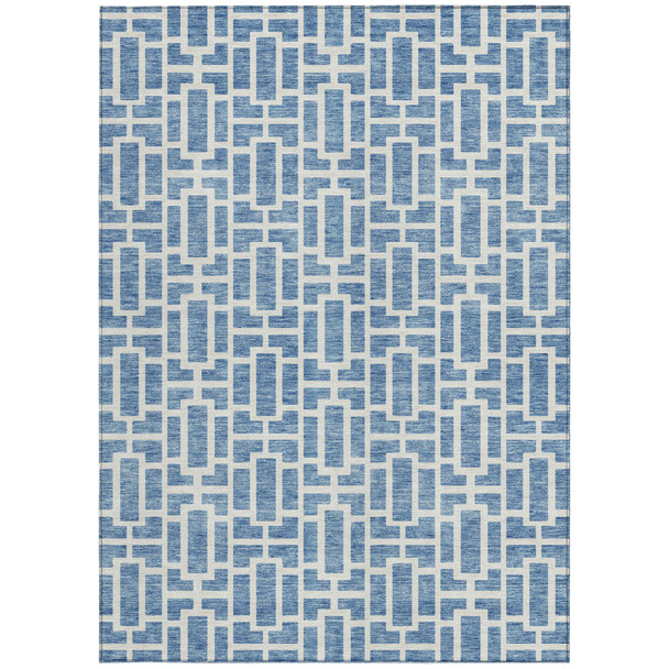 5' X 8' Denim Blue And Ivory Geometric Washable Indoor Outdoor Area Rug