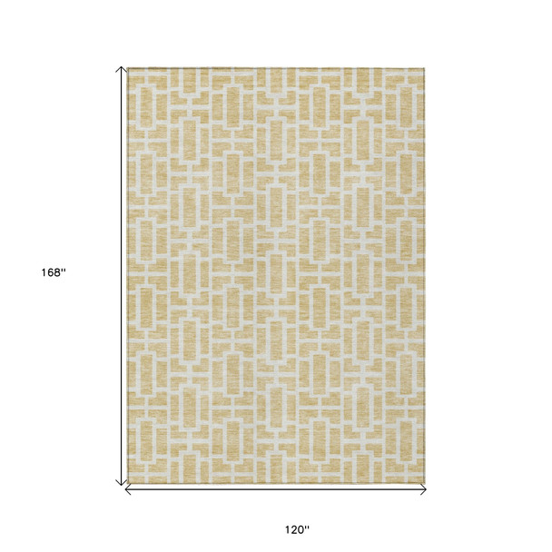 10' X 14' Wheat And Ivory Geometric Washable Indoor Outdoor Area Rug