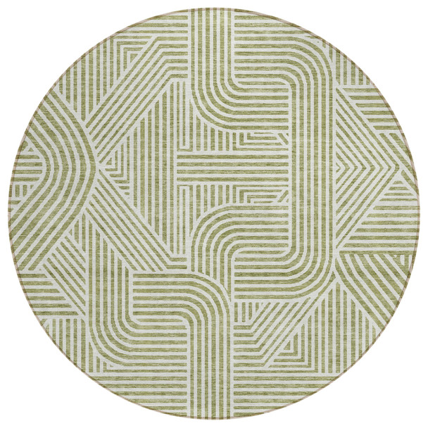 8' Artichoke Green And Ivory Round Abstract Washable Indoor Outdoor Area Rug